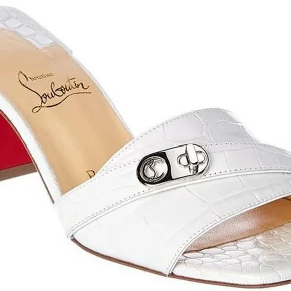Christian Louboutin LOCK ART 55 Croc Leather Mule Sandals Block Heel Shoes - Picture 2 of 12